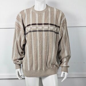 David Taylor Mens XXL Vintage Grandpa Beige Cable Knit Striped Pullover Sweater